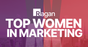 Logo for Ragan's Top Women in Marketing showing the New York City skyline in pink and purple
