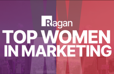 Logo for Ragan's Top Women in Marketing showing the New York City skyline in pink and purple